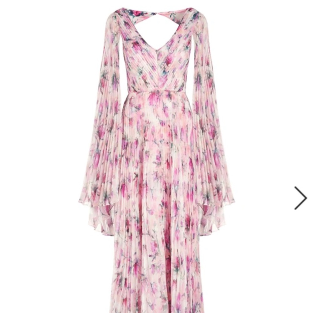 Floor length cape sleeve pink floral Theia gown